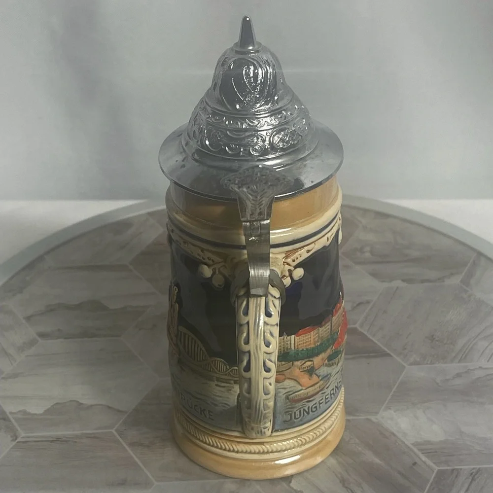 Vintage Hamburg Rathaus Germany Beer Stein Pewter Lid Elbbrücke Jungfernstieg